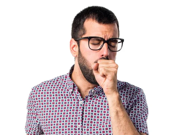 Hombre con gafas tosiendo mucho —  Fotos de Stock