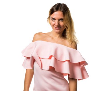 Studio pembe elbise ile poz güzel model kadın