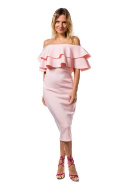 Studio pembe elbise ile poz güzel model kadın