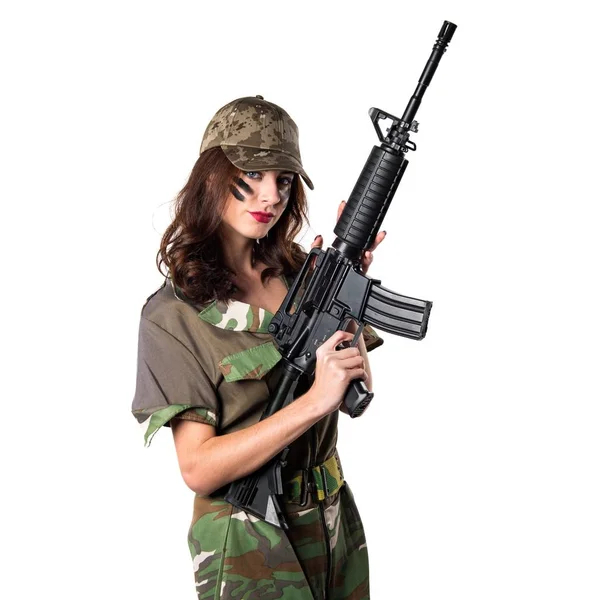 Donna militare con un fucile in mano — Foto Stock