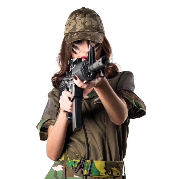 Donna militare con un fucile in mano — Foto Stock