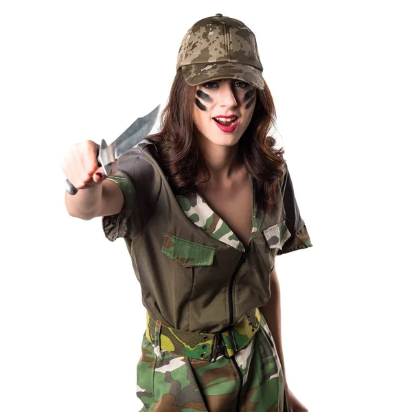 Ragazza militare con un coltello in mano — Foto Stock