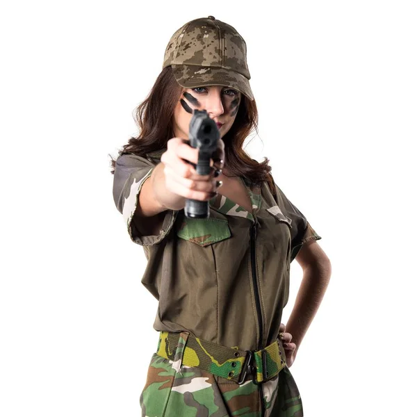 Military girl holding a pistol — Stock Photo, Image