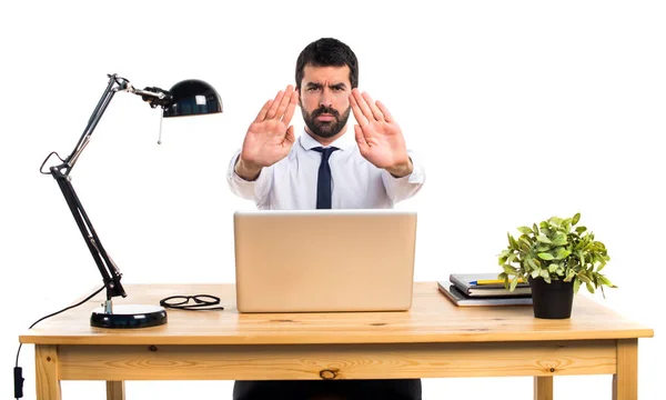 Businessman in his office making stop sign — Stock Photo, Image