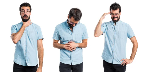 Hombre guapo con gafas azules con dolor de estómago —  Fotos de Stock
