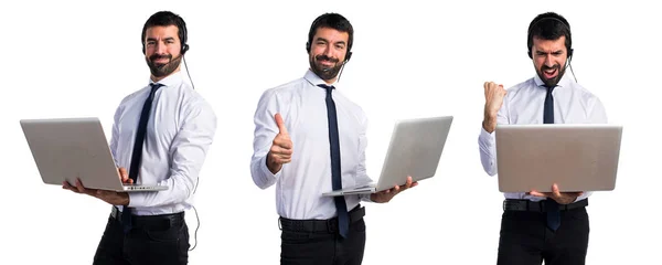 Handsome telemarketer man with thumb up — Stock Photo, Image