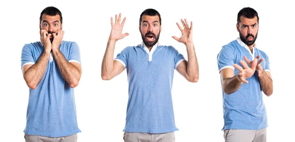 Hombre frustrado con camisa azul — Foto de Stock