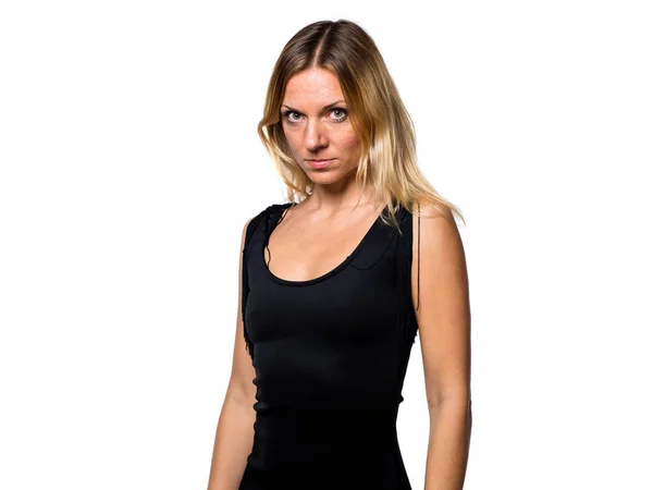 Ruská blondýnka žena v černých šatech — Stock fotografie