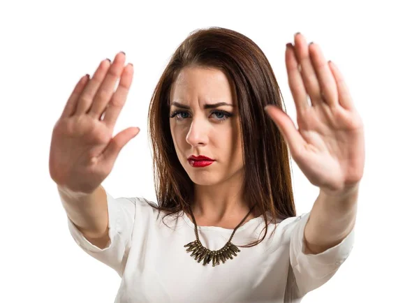 Pretty young girl making stop sign — Stock Photo, Image