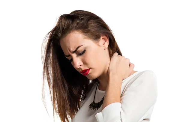 Pretty young girl with neck pain — Stock Photo, Image