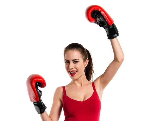 Lucky jolie femme sportive avec des gants de boxe — Photo