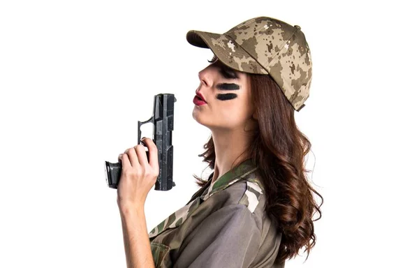 Militar menina segurando uma pistola — Fotografia de Stock