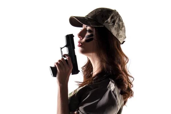 Military girl holding a pistol — Stock Photo, Image