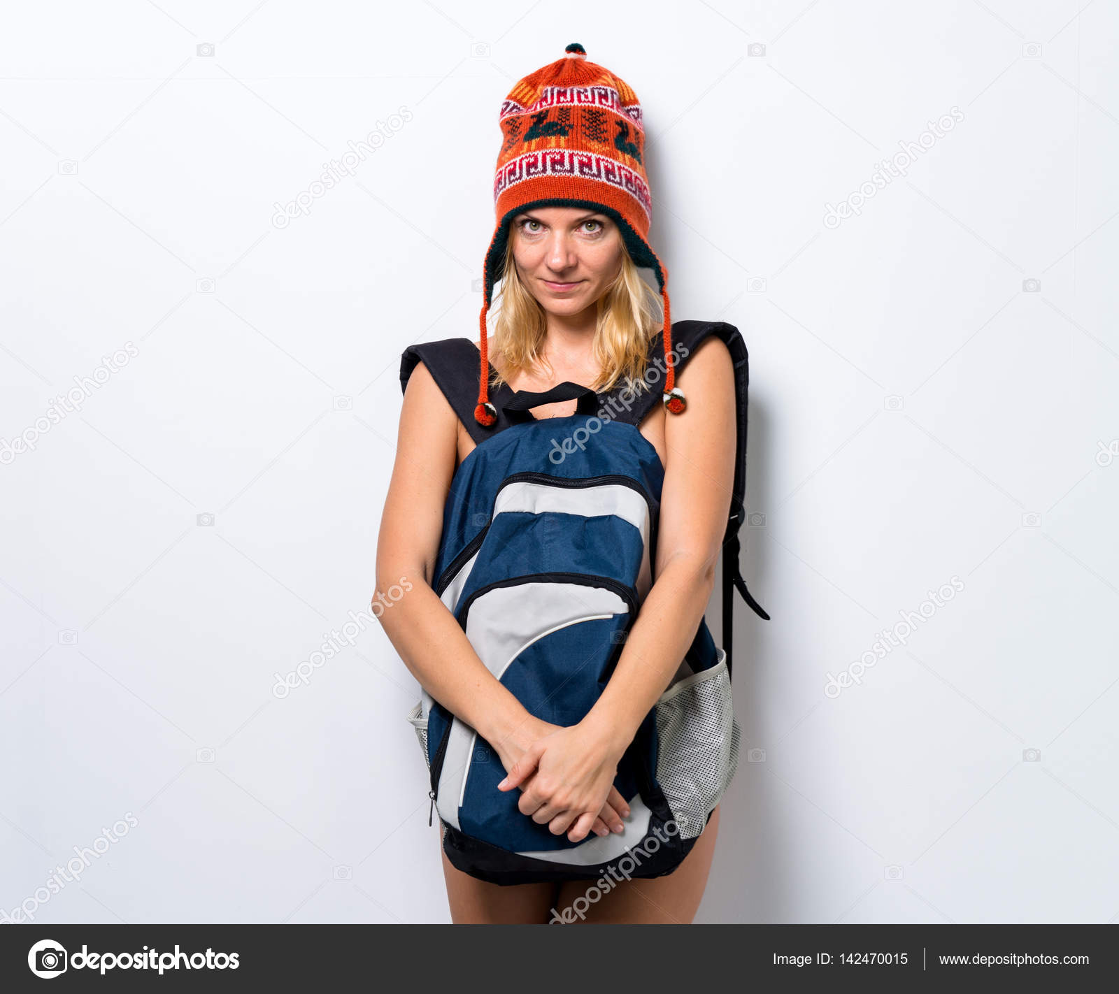A girl and two guys naked Naked in a backpack