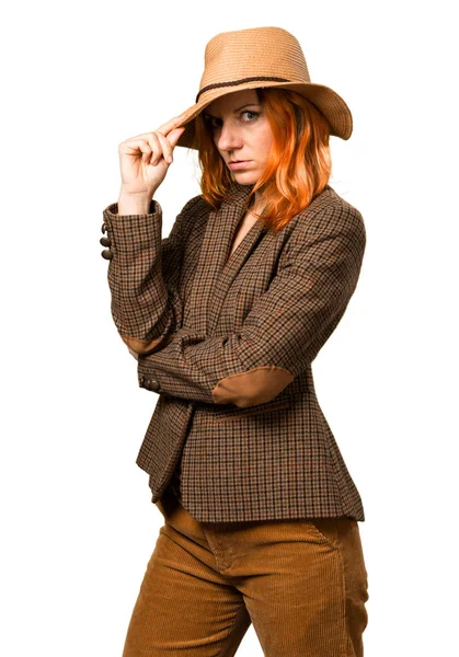 Pretty woman with orange hair wearing a hat — Stock Photo, Image