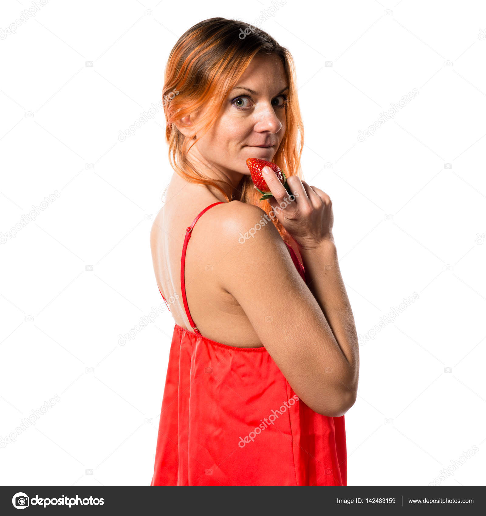Beautiful Woman With Orange Hair And With Strawberry Stock Photo