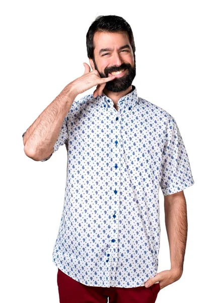 Telefon jest yapma sakallı yakışıklı esmer adam — Stok fotoğraf