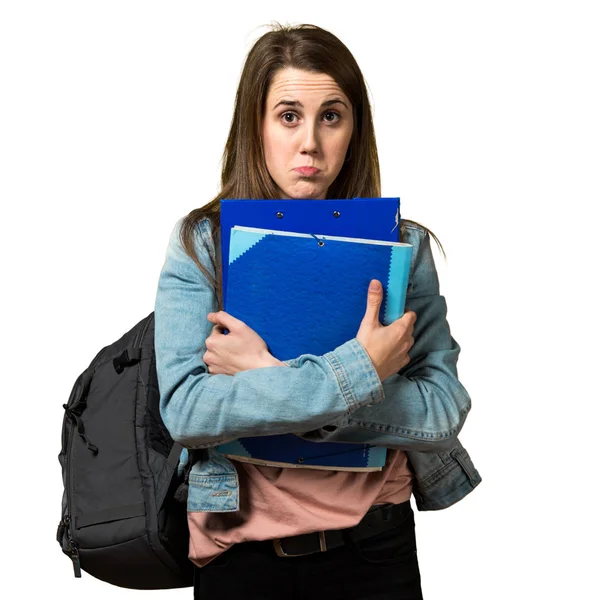 Sorgliga tonåring student tjej håller böcker — Stockfoto