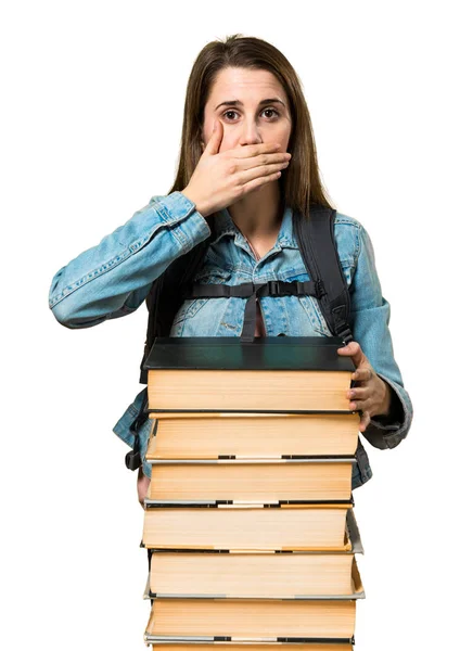 Το κορίτσι έφηβος μαθητής με πολλά βιβλία και καλύπτει το στόμα της — Φωτογραφία Αρχείου