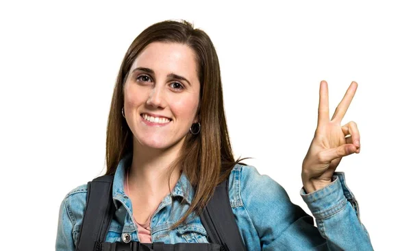 Lucky  teen student girl with a backpack — Stock Photo, Image