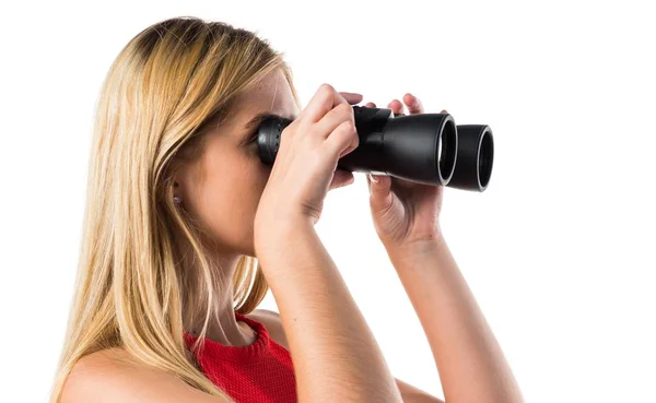 Chica rubia con prismáticos —  Fotos de Stock
