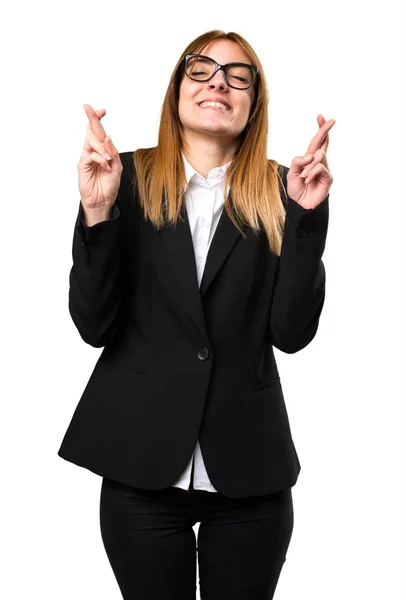 Young business woman with her fingers crossing — Stock Photo, Image