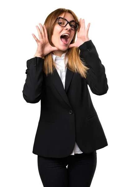 Ung affärskvinna gör överraskning gest — Stockfoto