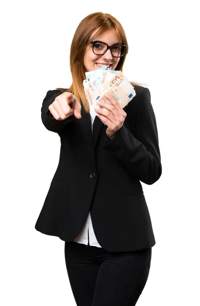 Joven mujer de negocios tomando mucho dinero — Foto de Stock