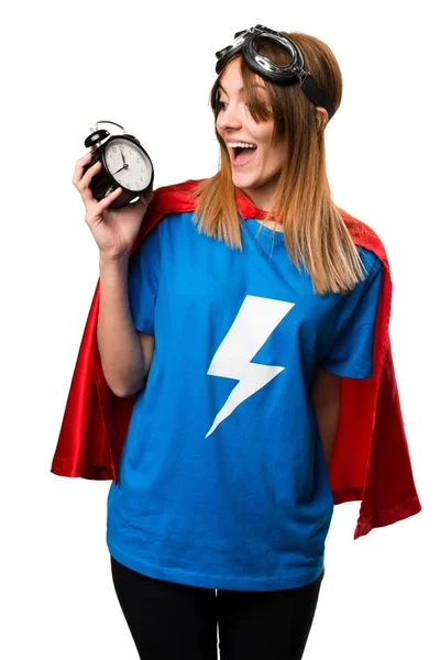 Pretty superhero gadis memegang jam vintage — Stok Foto