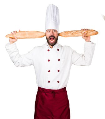 Çılgın genç baker ekmek tutan