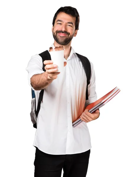 Student człowiek trzyma się kawy — Zdjęcie stockowe