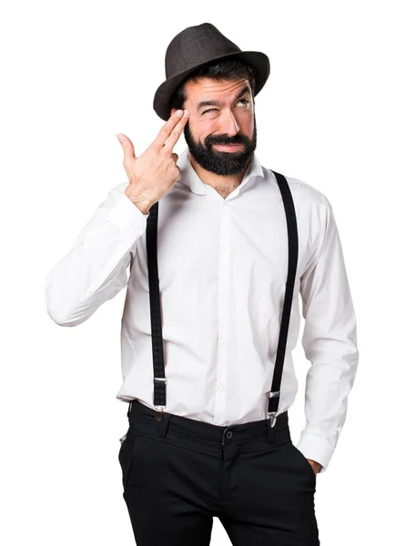 Hipster man with beard making suicide gesture — Stock Photo, Image