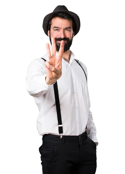 Hipster homem com barba contando três — Fotografia de Stock