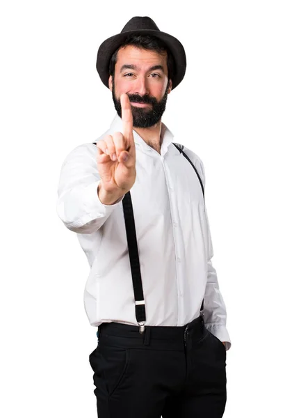Hipster człowieka z brodą, licząc jedną — Zdjęcie stockowe