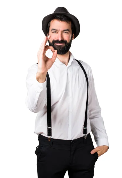 Hipster hombre con barba haciendo OK signo — Foto de Stock