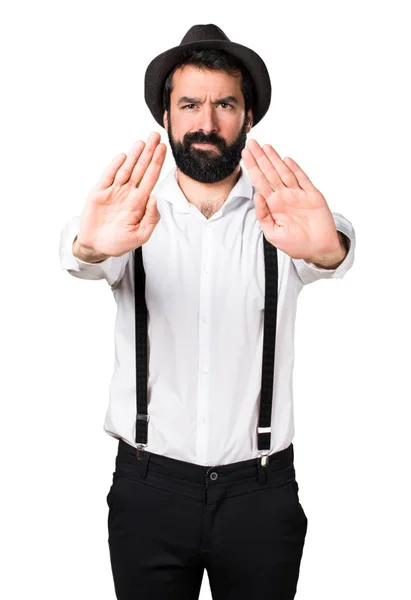 Hipster homem com barba fazendo stop sign — Fotografia de Stock