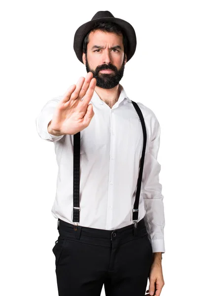 Hipster homem com barba fazendo stop sign — Fotografia de Stock