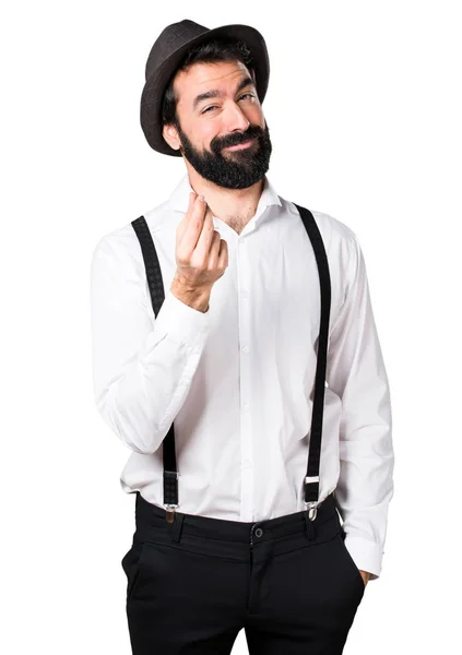 Hipster man with beard making money gesture — Stock Photo, Image