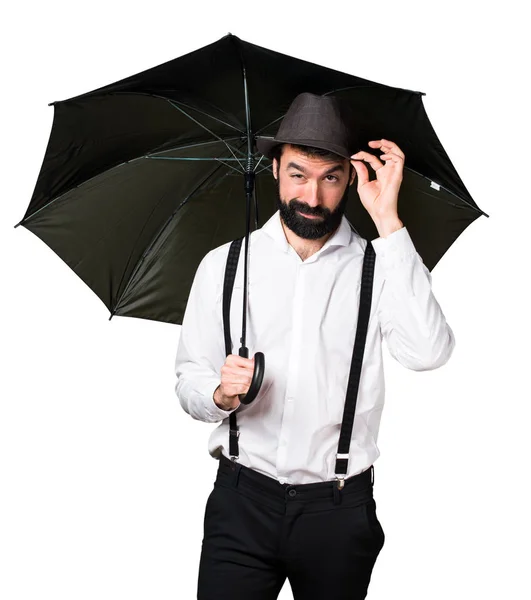 傘を保持しているひげと流行に敏感な男 — ストック写真