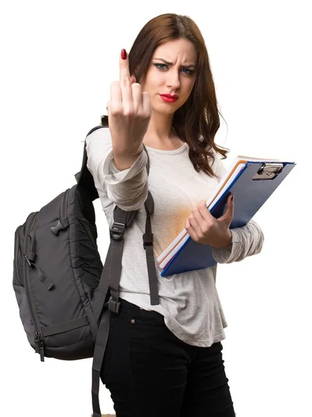 Student kobieta Dokonywanie róg gest — Zdjęcie stockowe