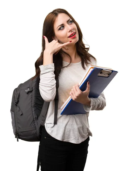 Student woman making phone gesture — Stock Photo, Image