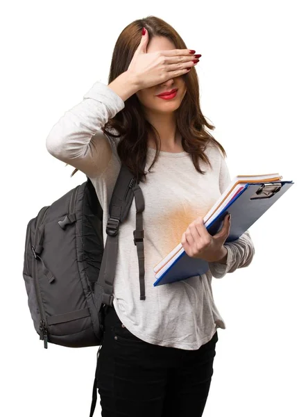 Student woman covering her eyes — Stock Photo, Image