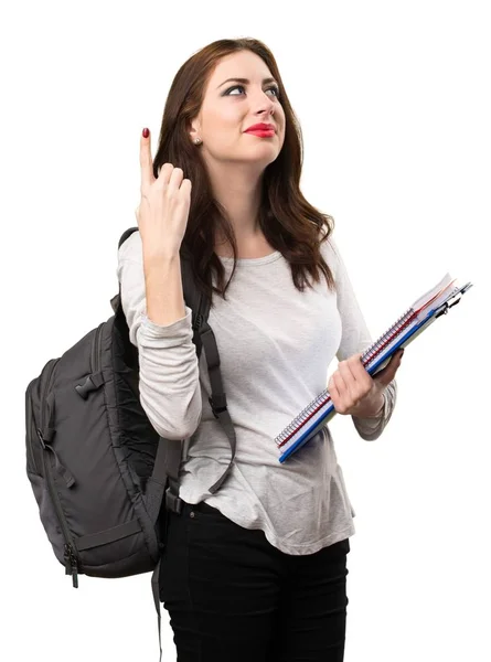 Student woman pointing up — Stock Photo, Image