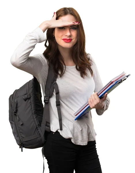 Estudante mulher mostrando algo — Fotografia de Stock