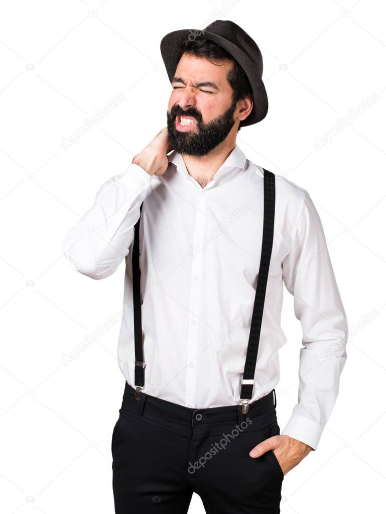Hipster man with beard with neck pain