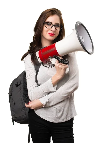 Student woman shouting by megaphone — Stock Photo, Image