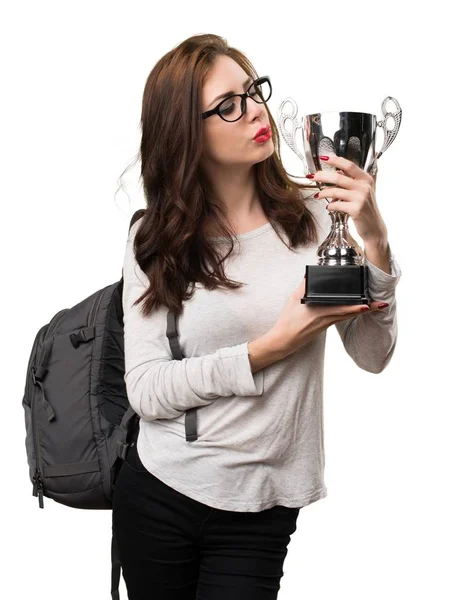 Studente donna in possesso di un trofeo — Foto Stock