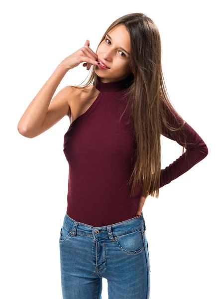 Young teenager girl making phone gesture — Stock Photo, Image