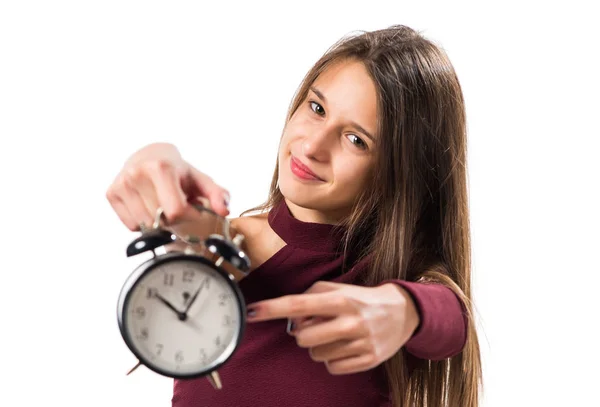 Young teenager girl holding vintage clock — Stock Photo, Image