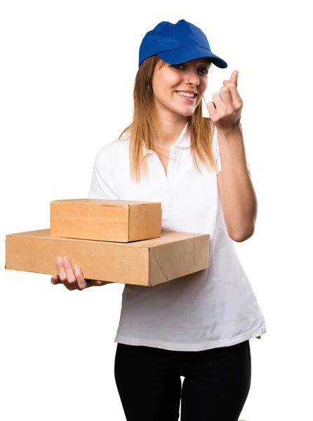 Delivery woman making money gesture